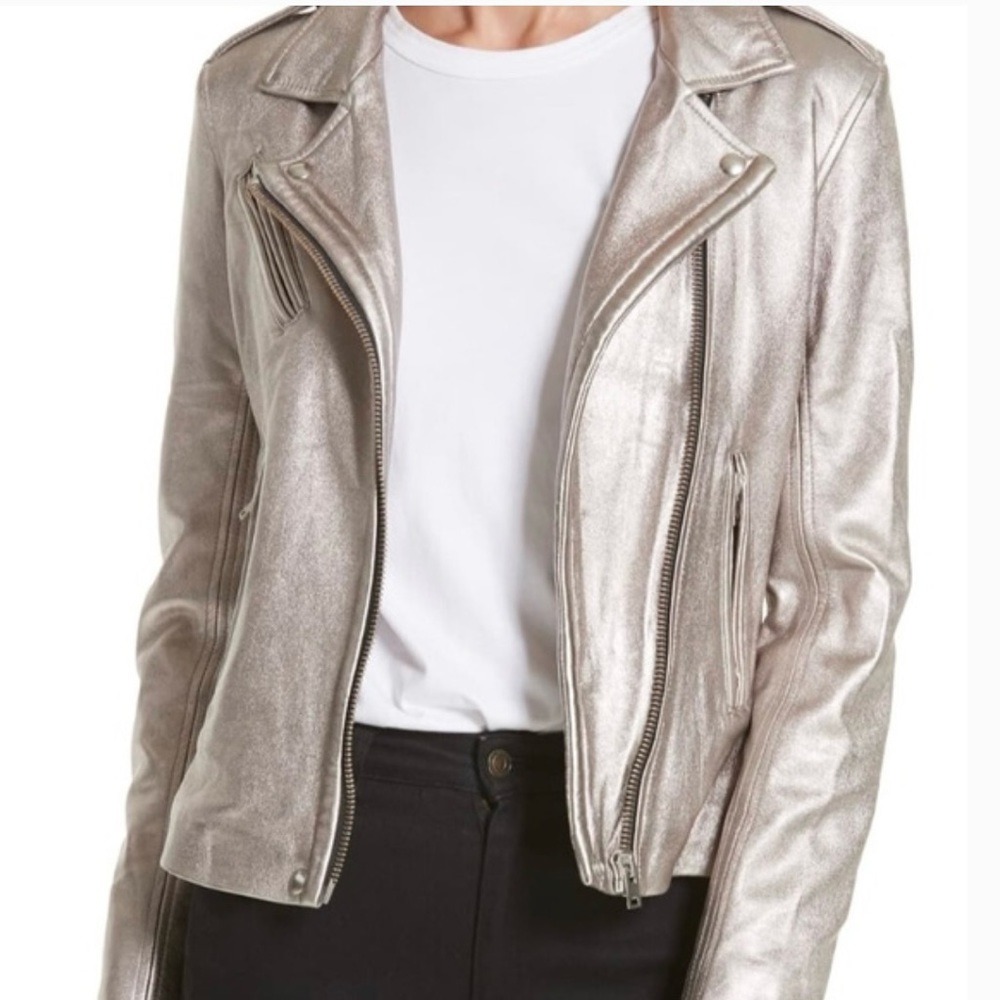 IRO Genuine Lamb Leather Metallic Moto Jacket
